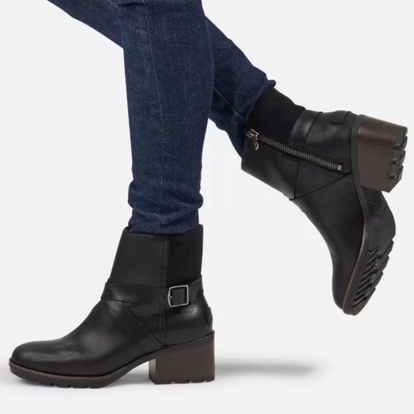 Sorel Cate Buckle Bootie Heeled Black Leather Suede Rubber Sole Size 9 - Picture 1 of 10